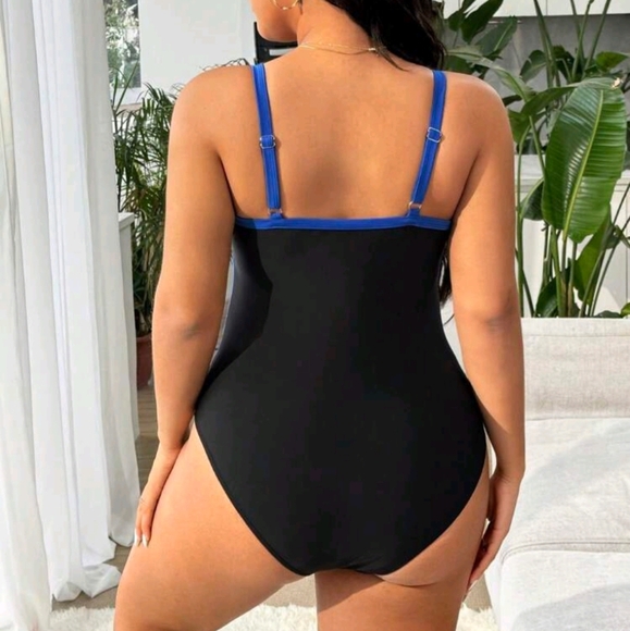 NWT SHEIN Swim Contrast Color Backless One-Piece Black Blue 3XL - Picture 2 of 4